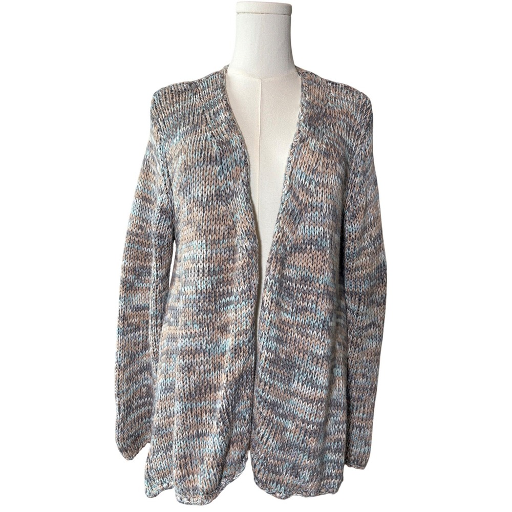 J. Jill Womens Large Blue Tan Marled 100% Cotton Chunky Open Front Cardigan Boho